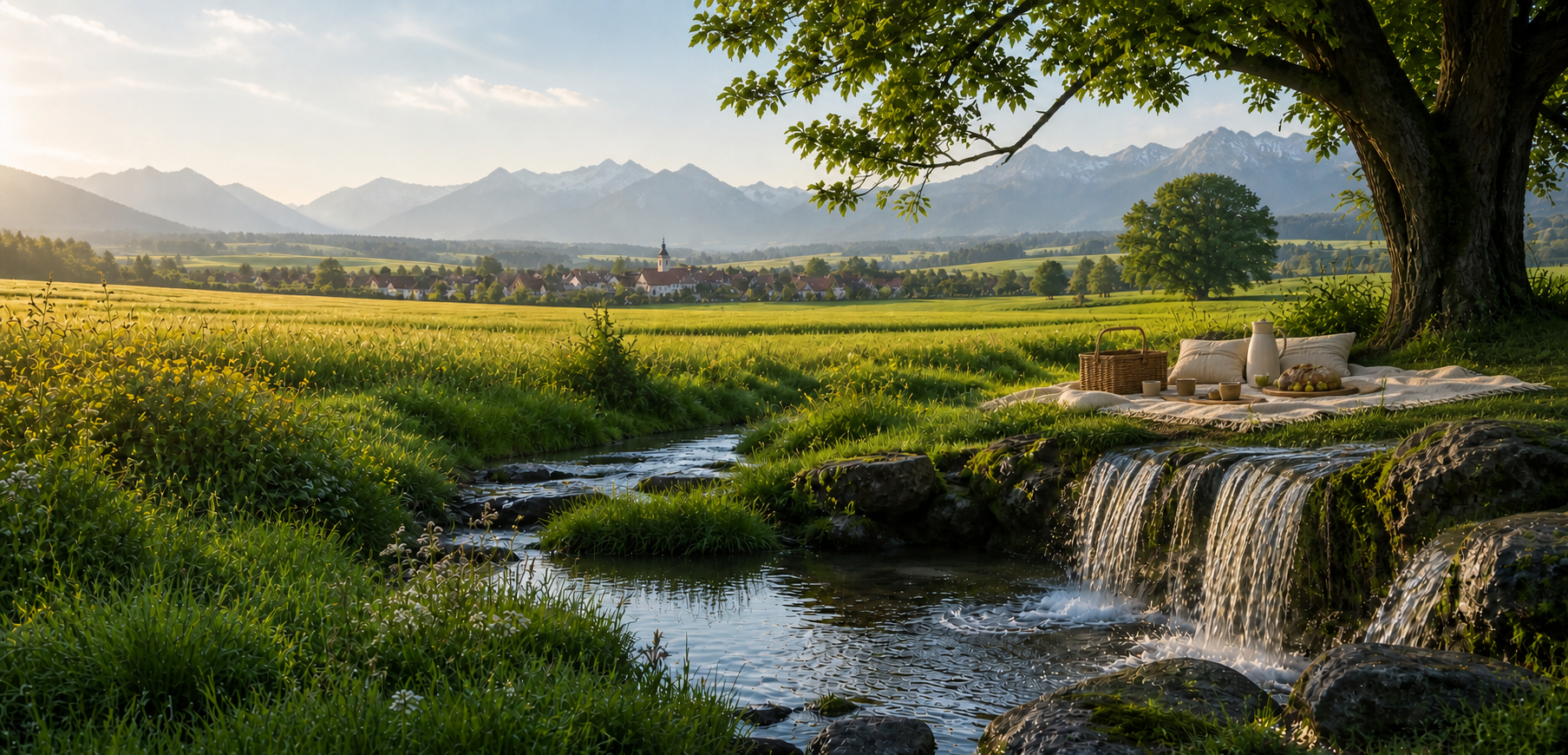 Einladende Landschaft im deutschsprachigen Raum mit Alpen, Getreidefeldern, Wasserfall und Picknickplatz unter einer Eiche